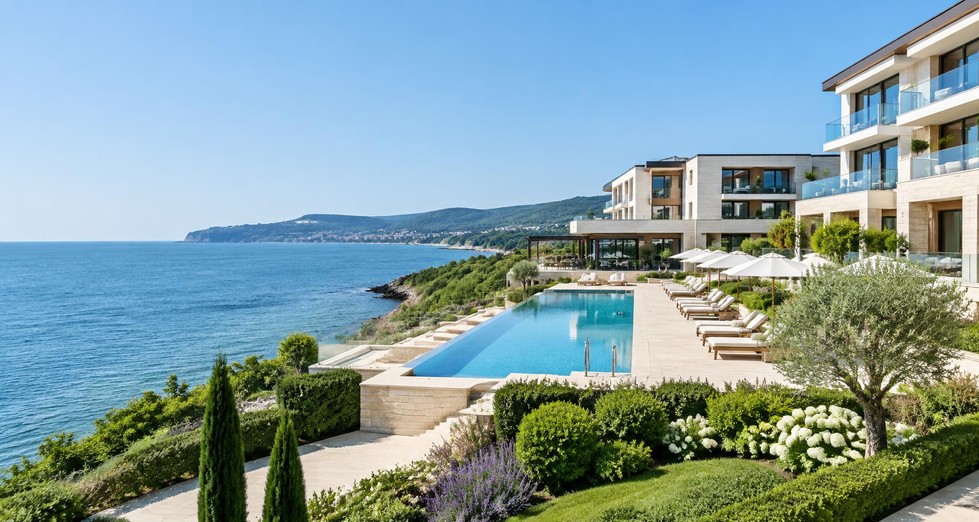 Illustrative coastal hospitality property in clear daylight